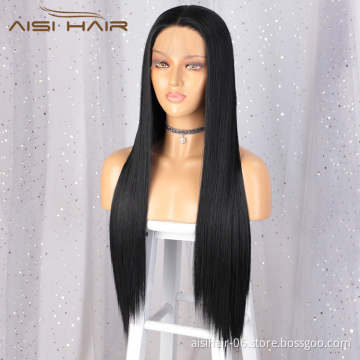 Aisi Hair New Design Long Silky Straight Black Wig Middle Part Swiss Lace Wig Synthetic Hair Lace Frontal Wigs For Black Women